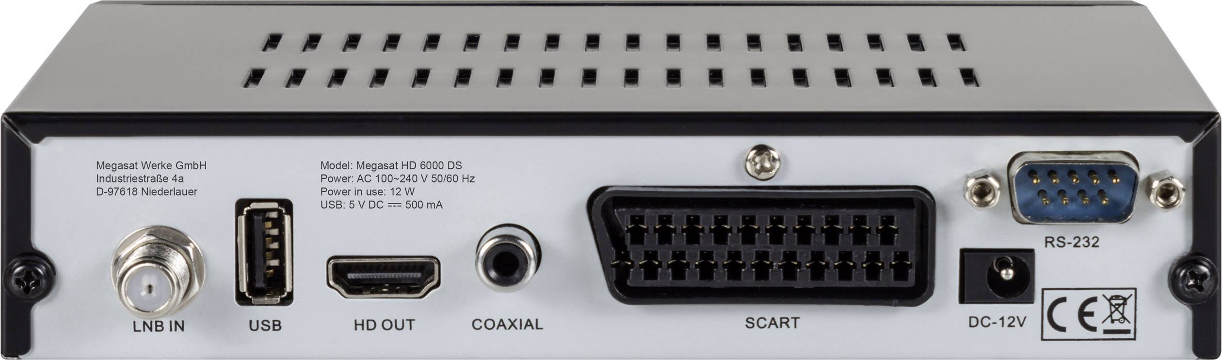 Rückseite eines Elektronikgeräts mit Anschlüssen: LNB IN, USB, HDMI, Koaxial, SCART, RS-232 und DC 12V. Herstellerangaben am Gehäuse.