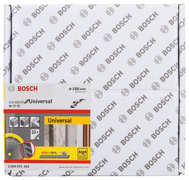 'Bosch Universal Sägeblatt, 180 mm, für diverse Materialien, hohe Geschwindigkeit, Verpackung zeigt Bild von Materialien und Produktdetails.'