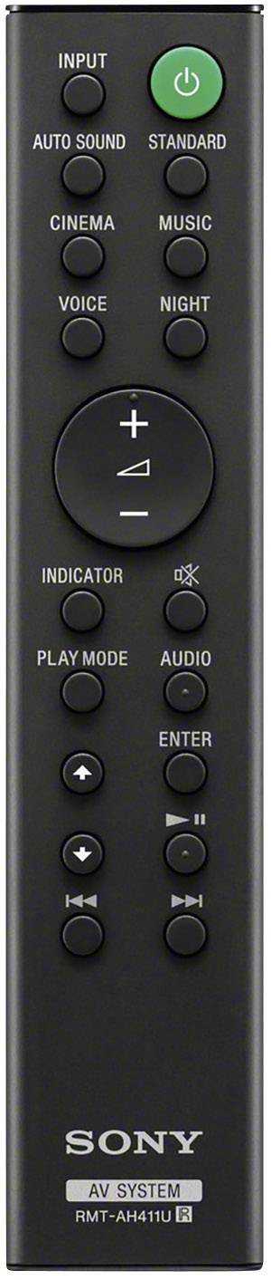 Eine schwarze Fernbedienung mit Tasten für: Eingang, Auto Sound, Cinema, Voice, Musik, Standard, Lautstärke, sowie Play-Modus und Audio.