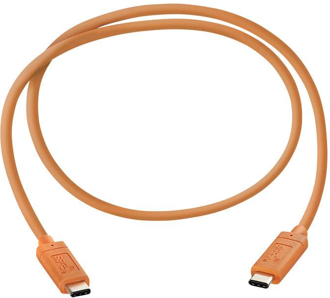 Ein orangefarbenes USB-C-Kabel mit Steckern an beiden Enden, geeignet für das Aufladen und die Datenübertragung.