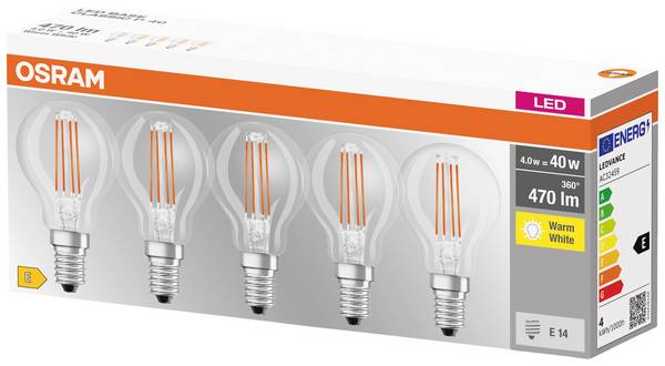 OSRAM HOMELIGHTING 4058075090668 LED EEK E (A - G) E14 Tropfenform 4 W = 40 W Warmweiß (Ø x L) 45 mm x 84 mm Filament 5 St.