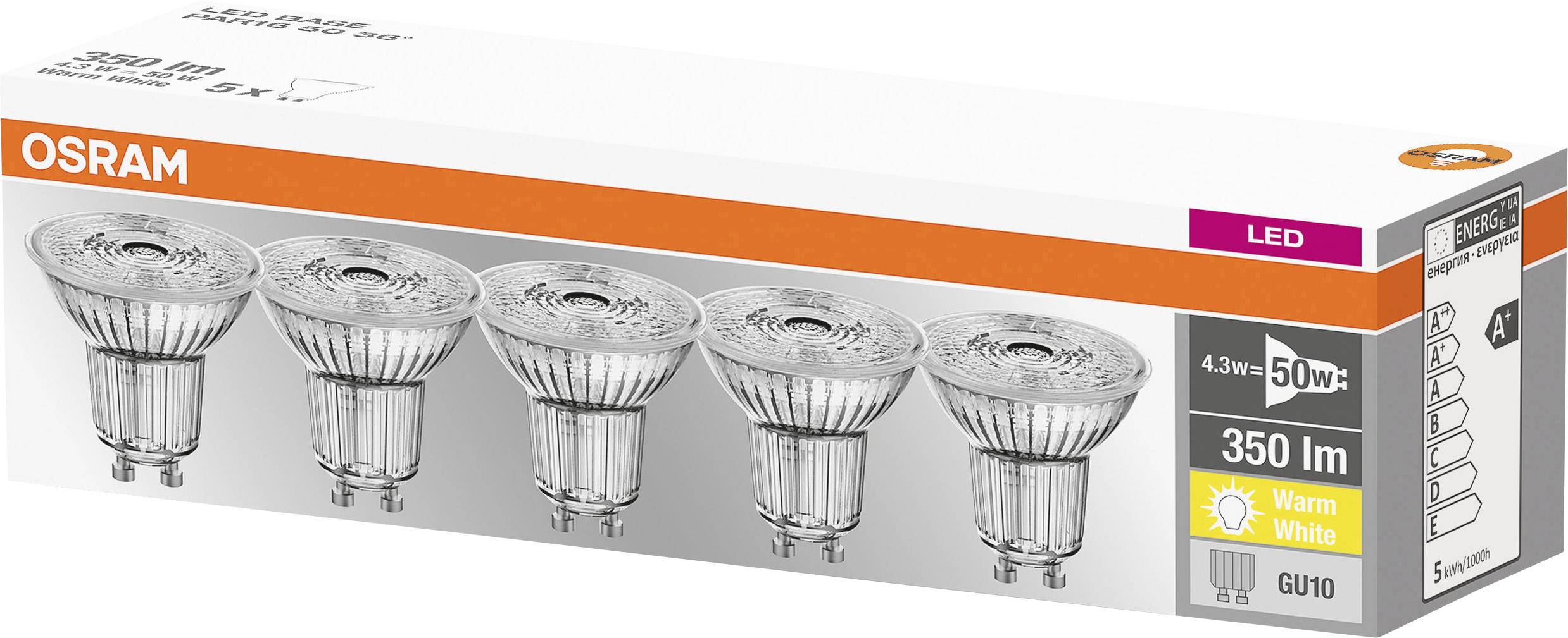 Verpackung von OSRAM LED-Glühbirnen, 4,3W, 350 Lumen, warmweiß, 5 Stück. GU10 Sockel, leuchtstark und energiesparend.