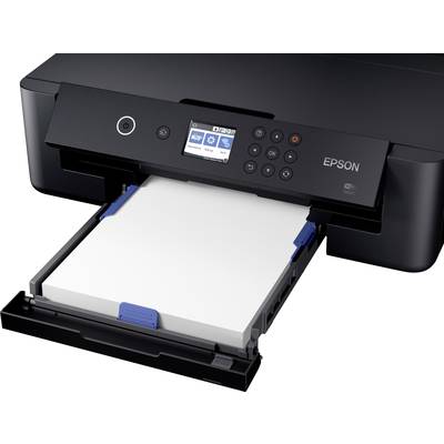 Ein schwarzer Drucker mit geöffneter Papierkassette. Auf dem Display sind Menüsymbole sichtbar, die den Status und Optionen anzeigen.
