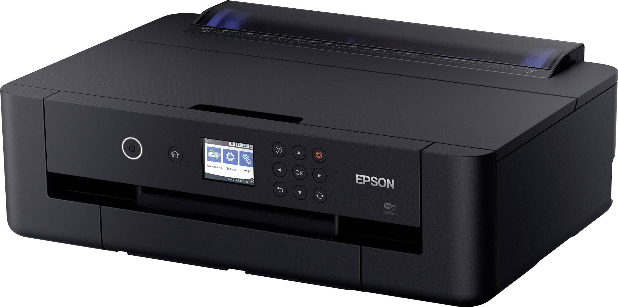 Schwarzer Epson Drucker mit LCD-Bildschirm und Tastenfeld auf der Vorderseite, geeignet für Homeoffice oder kleine Büros.
