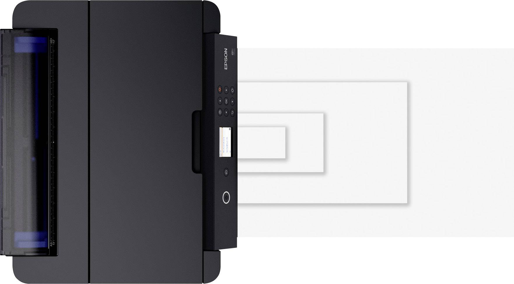 Drucker von oben mit geöffneter Klappe, Papier wird auf der rechten Seite ausgegeben.