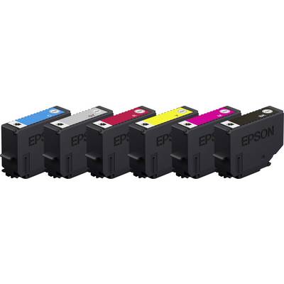Sechs EPSON Druckerpatronen in den Farben Cyan, Grau, Gelb, Magenta, Schwarz, und Photo Schwarz nebeneinander aufgereiht.