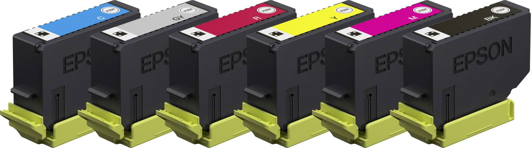 Sechs Tintenpatronen in Schwarz, Cyan, Gelb, Magenta und zwei mal Grau, in einer Reihe angeordnet. Markenname 'EPSON'.