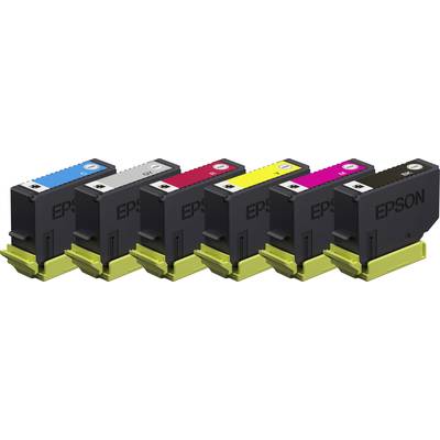 Sechs Tintenpatronen in Schwarz, Cyan, Gelb, Magenta und zwei mal Grau, in einer Reihe angeordnet. Markenname 'EPSON'.