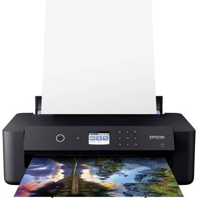 Ein schwarzer Epson-Drucker druckt ein farbiges Landschaftsbild mit Bergen und See. Im Hintergrund steht Papier im Einzug.