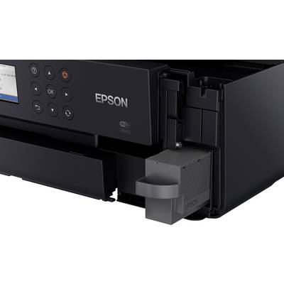 Ein schwarzer Epson-Drucker mit eingelegter Tintenpatrone und sichtbaren Bedienelementen.
