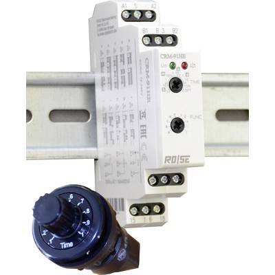 Elektronisches Zeitrelais und Drehregler auf Hutschienenmontage. Relais mit zwei Drehknöpfen zur Zeit- und Funktionssteuerung.