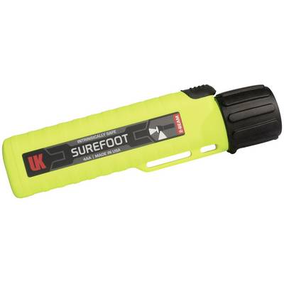 Gelbe Taschenlampe mit schwarzem Griff. Aufschrift: 'UK Surefoot, Intrinsically Safe, 2 Beam, 4AA, Made in USA'.