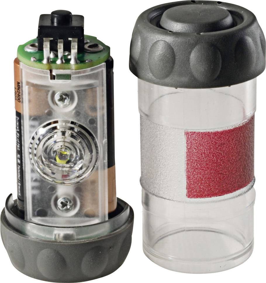 Transparentes Outdoor-Licht mit abnehmbarem Deckel zeigt Batterie und LED. Es eignet sich für Camping oder Wanderungen.