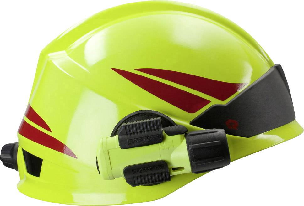 Gelber Schutzhelm mit roten Akzenten und befestigter Stirnlampe an der Seite.