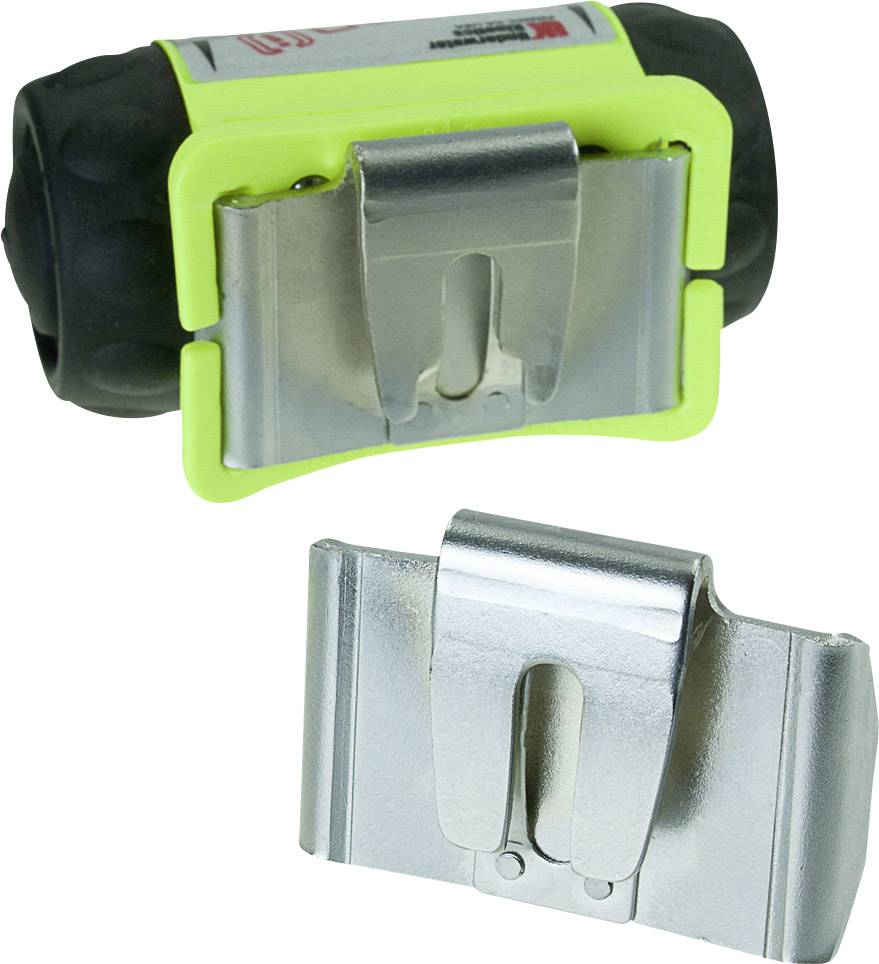 Ein Rettungswerkzeug mit grünem Gummigehäuse und Metallclip zur Befestigung, abgebildet mit abnehmbarem Ersatzclip.