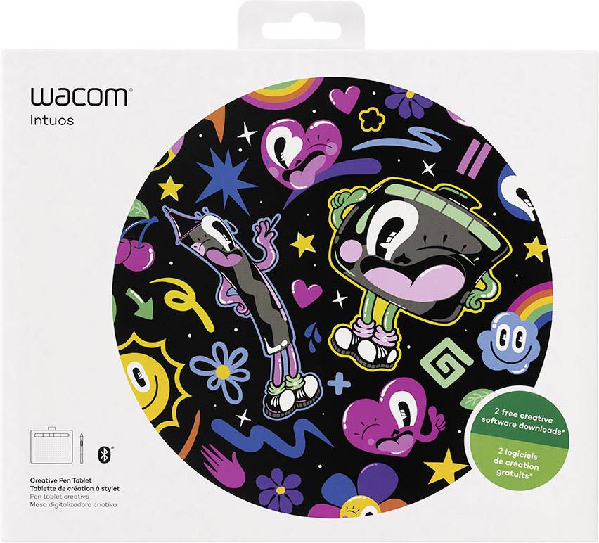 Runde Verpackung einer Wacom Intuos Creative Pen Tablet. Buntes Design mit Figuren und Symbolen, zeigt kreative und verspielte Themen.