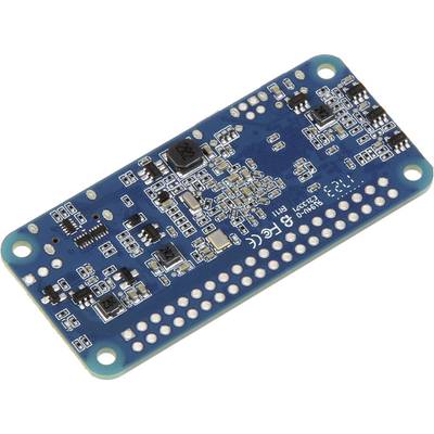 Eine blaue Leiterplatte mit verschiedenen elektronischen Komponenten, darunter Chips und Kondensatoren.