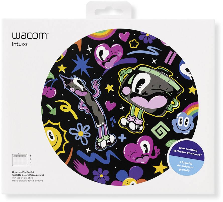 Runde Verpackung mit bunten Comicfiguren auf schwarzem Hintergrund. Oben links steht 'Wacom Intuos'.