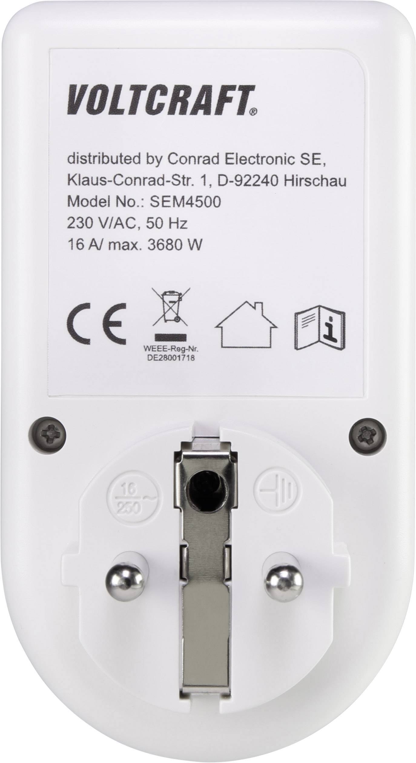 Rückseite eines Voltcraft-Steckers mit technischen Spezifikationen: Modellnummer SEM4500, 230 V AC, 50 Hz, 16 A/max. 3680 W. CE-Zertifizierung.