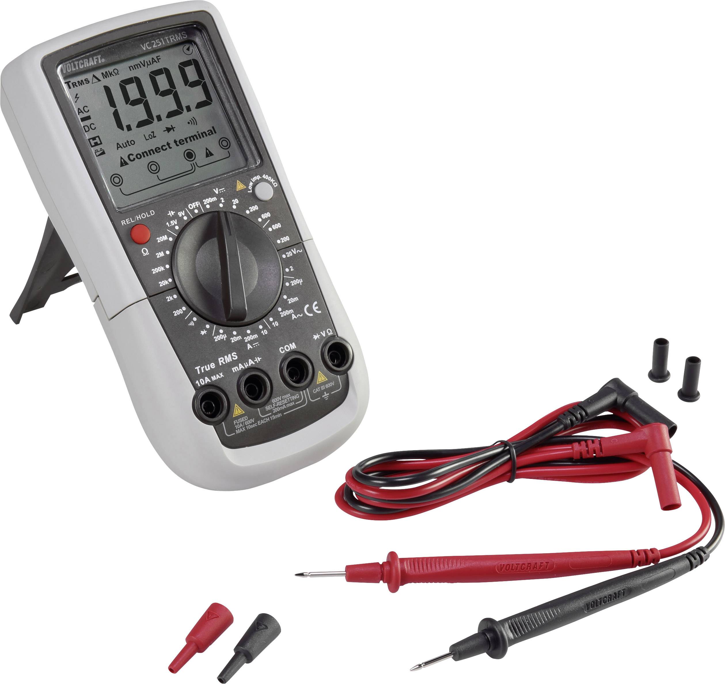 Digitalmultimeter mit großer LCD-Anzeige, Drehknopf für Messmodi, und roten sowie schwarzen Testkabeln. Ideal für elektrische Messungen.