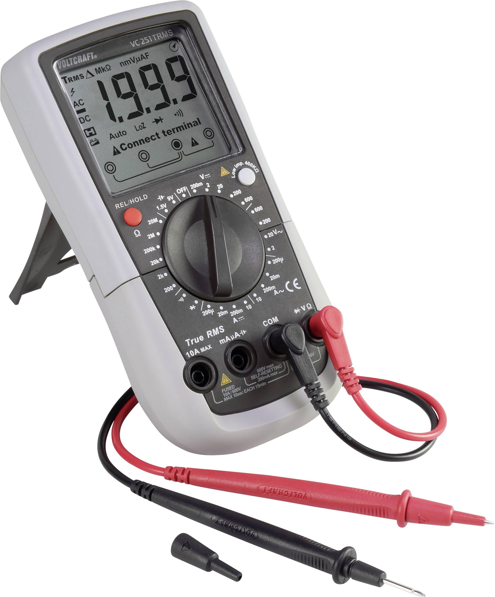 Digitalmultimeter im 45-Grad-Winkel aufgestellt, zeigt '19.9' auf dem Display. Rote und schwarze Messleitungen angeschlossen.