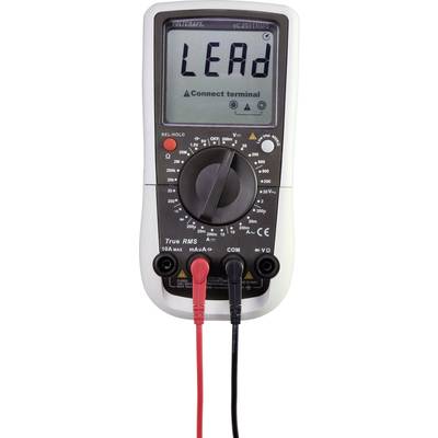Digitales Multimeter mit 'LEAd' Anzeige. Verbinden Sie das Terminal. Zwei Messleitungen sind eingesteckt.
