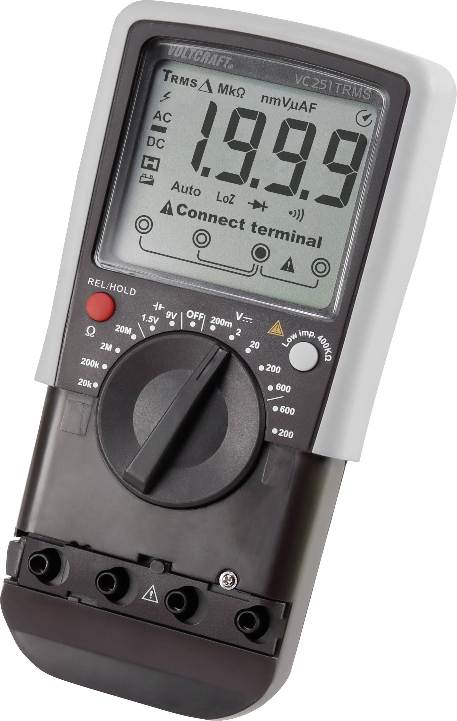 Ein Digitalmultimeter mit großem Display zeigt einen Messwert von 1,999. Drehschalter und Anschlüsse sind sichtbar.