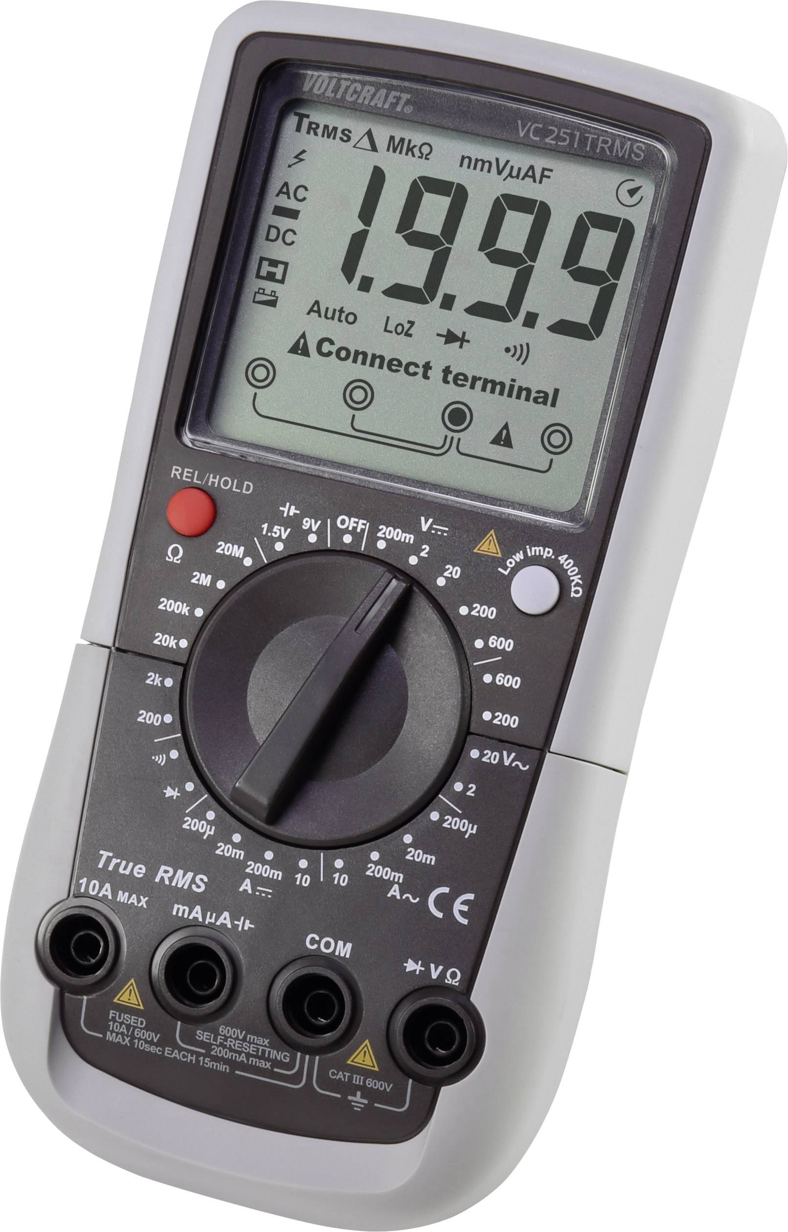 Digitales Multimeter mit beleuchtetem Display zeigt Wert '1.999' an. Es hat einen Drehschalter zur Auswahl der Messfunktion und mehrere Anschlüsse.