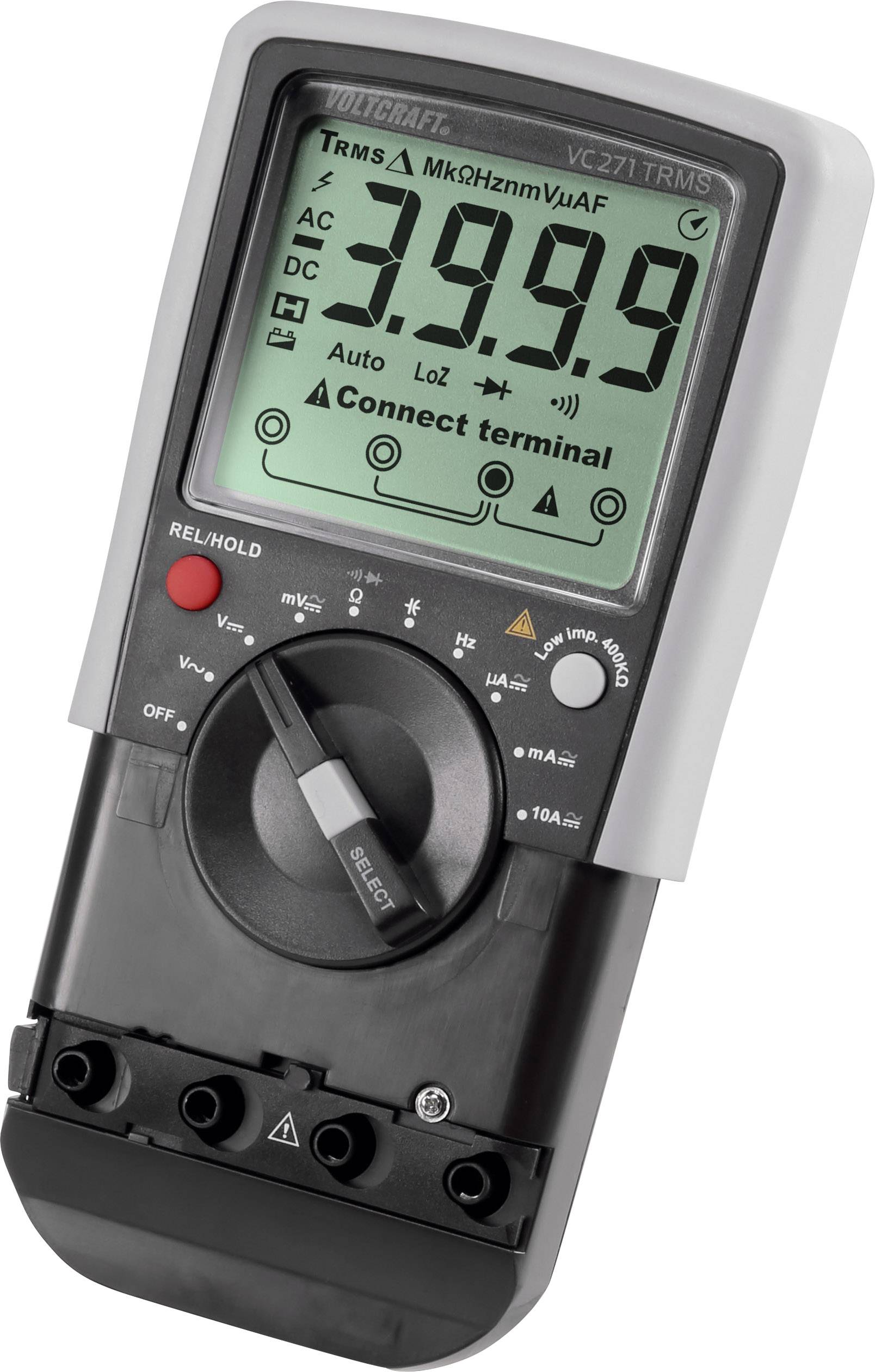 Multimeter zeigt Messwert 3,999 auf Display. Wählrad für verschiedene Messfunktionen. Markenname 'VOLTCRAFT' erkennbar.