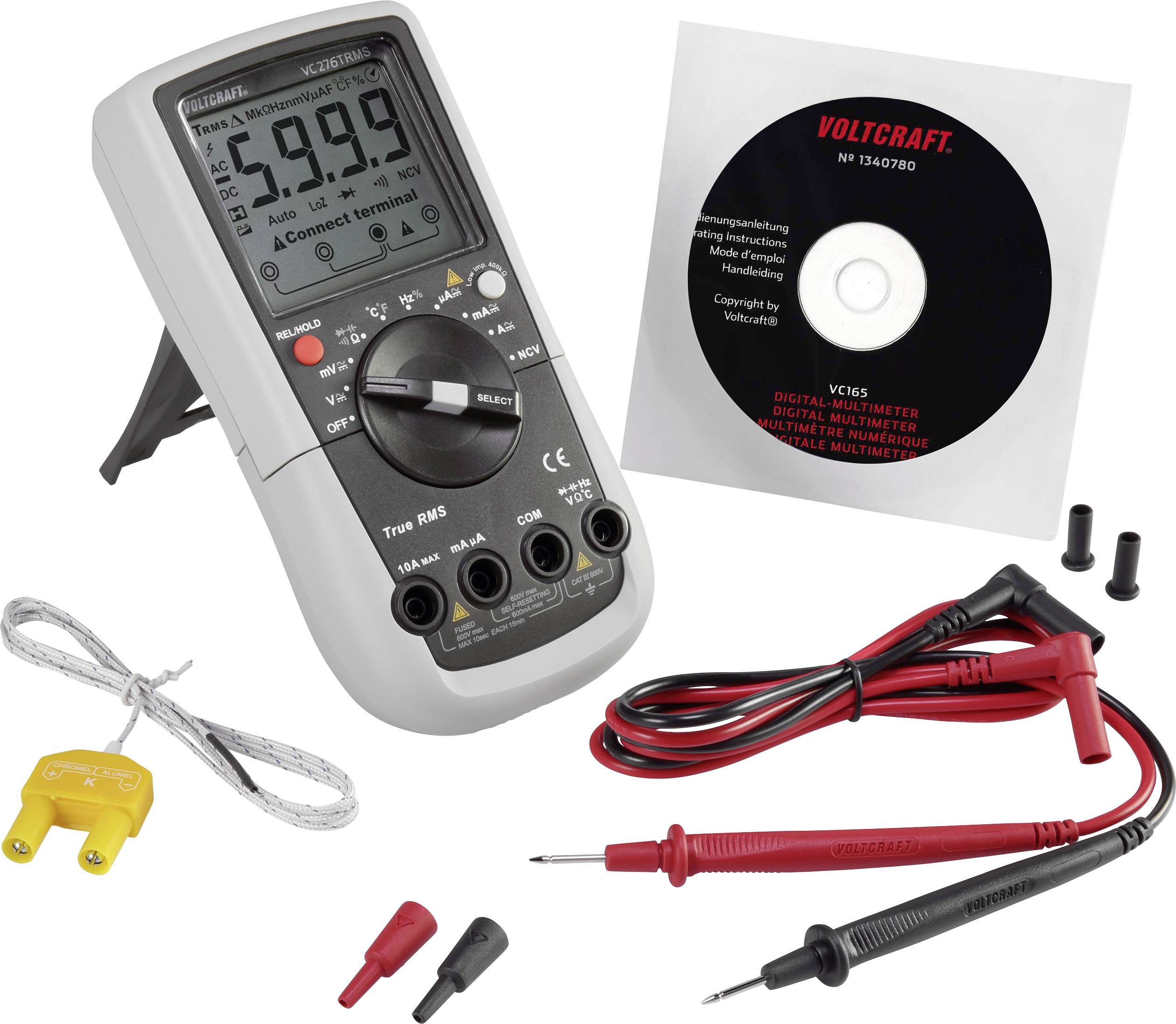 Digital-Multimeter-Set bestehend aus einem Multimeter, Messleitungen, Krokodilklemmen, Temperatursensor und Software-CD. Ideal zur Spannungs- und Strommessung.