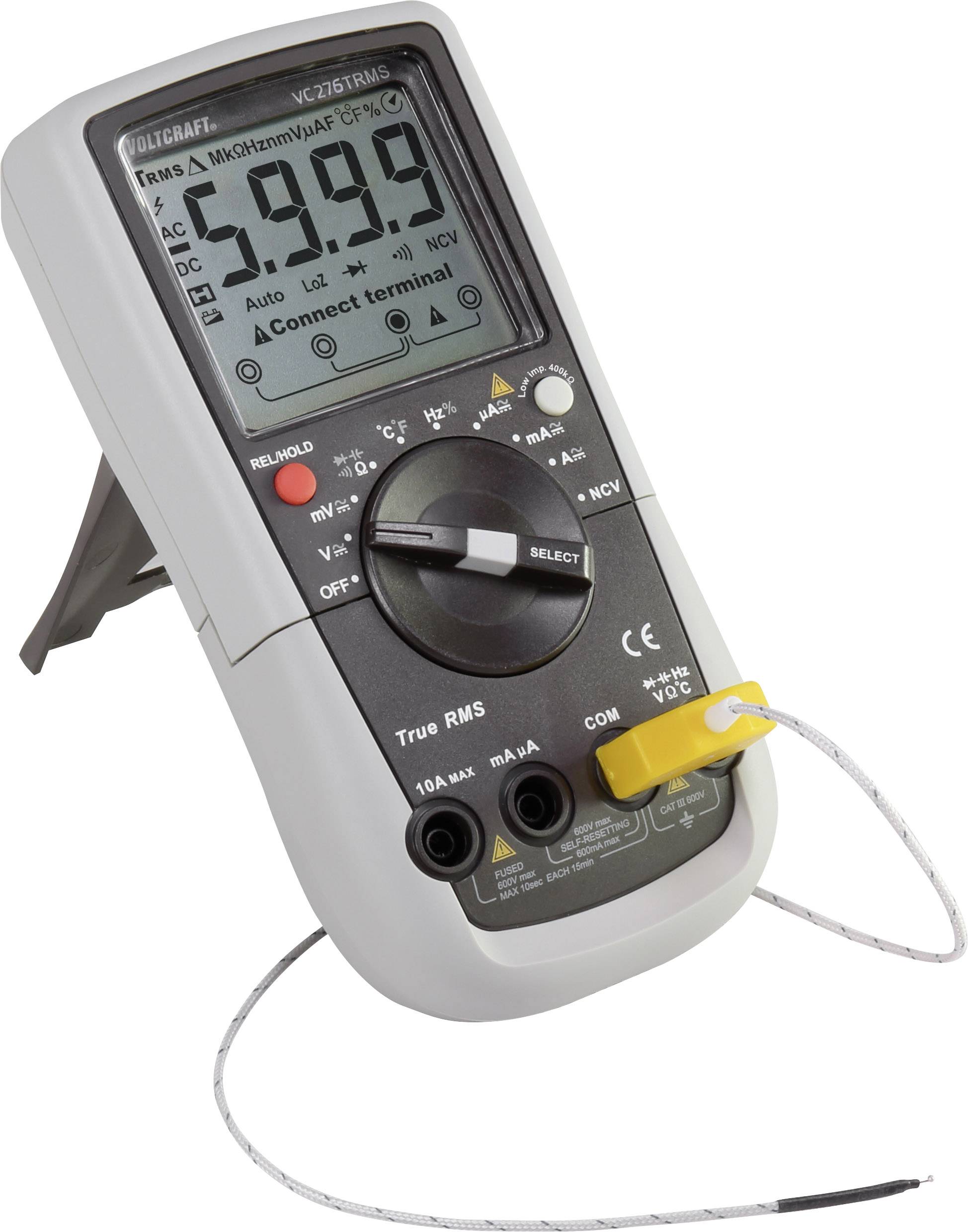 Digital-Multimeter mit Displayanzeige '199.9' und verschiedenen Tasten und Anschlüssen, auf einem Tisch mit Kabel verbunden.