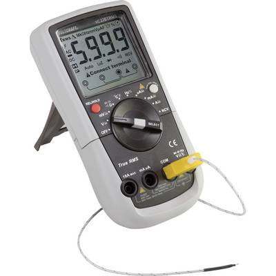 Digital-Multimeter mit Displayanzeige '199.9' und verschiedenen Tasten und Anschlüssen, auf einem Tisch mit Kabel verbunden.