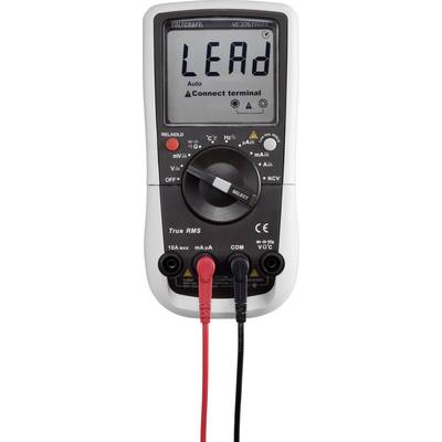 Ein digitales Multimeter mit einem Display, das 'LEAd' anzeigt. Zwei Messleitungen, eine rote und eine schwarze, sind angeschlossen.