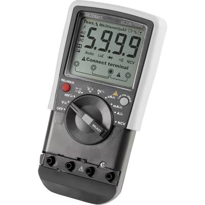 Digitales Multimeter mit großem Display zeigt 5,99 an. Schalter für verschiedene Messfunktionen. Gebrauchsanweisungen auf der Vorderseite.