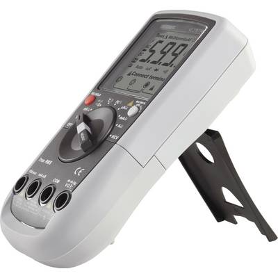 Digitalmultimeter in Seitensicht, zeigt 5,99 V auf dem Display an. Gerät steht auf einem ausklappbaren Ständer.