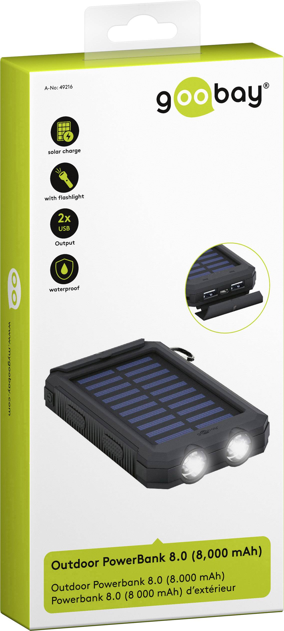 'goobay Outdoor PowerBank 8.0 (8.000 mAh)' Produktverpackung, zeigt ein wasserdichtes, solar-ladbares Gerät mit Taschenlampenfunktion.