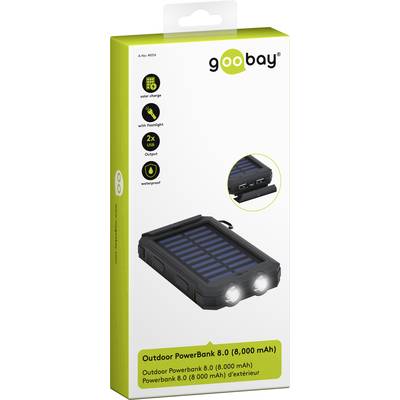 'goobay Outdoor PowerBank 8.0 (8.000 mAh)' Produktverpackung, zeigt ein wasserdichtes, solar-ladbares Gerät mit Taschenlampenfunktion.