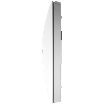 Ein weißes, abgerundetes Verkleidungsteil mit Streben und Befestigungspunkten an der Rückseite, von der Seite betrachtet.