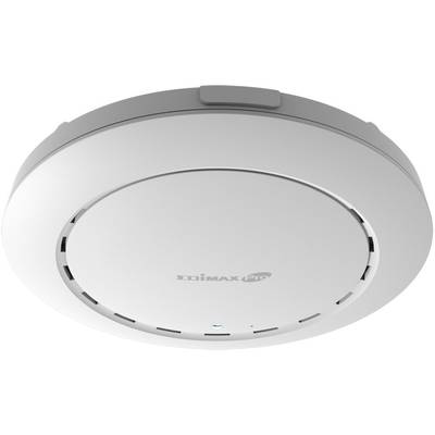 WLAN-Zugangspunkt an der Decke montiert, rundes Design mit Lüftungsschlitzen.