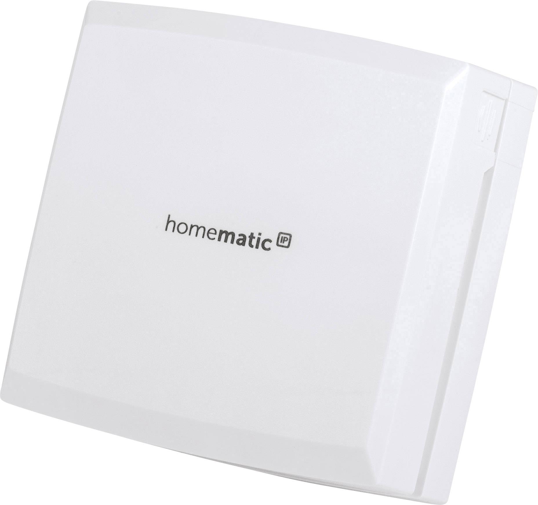 Ein weißes Heimautomatisierungsgerät mit der Aufschrift 'homematic IP'.