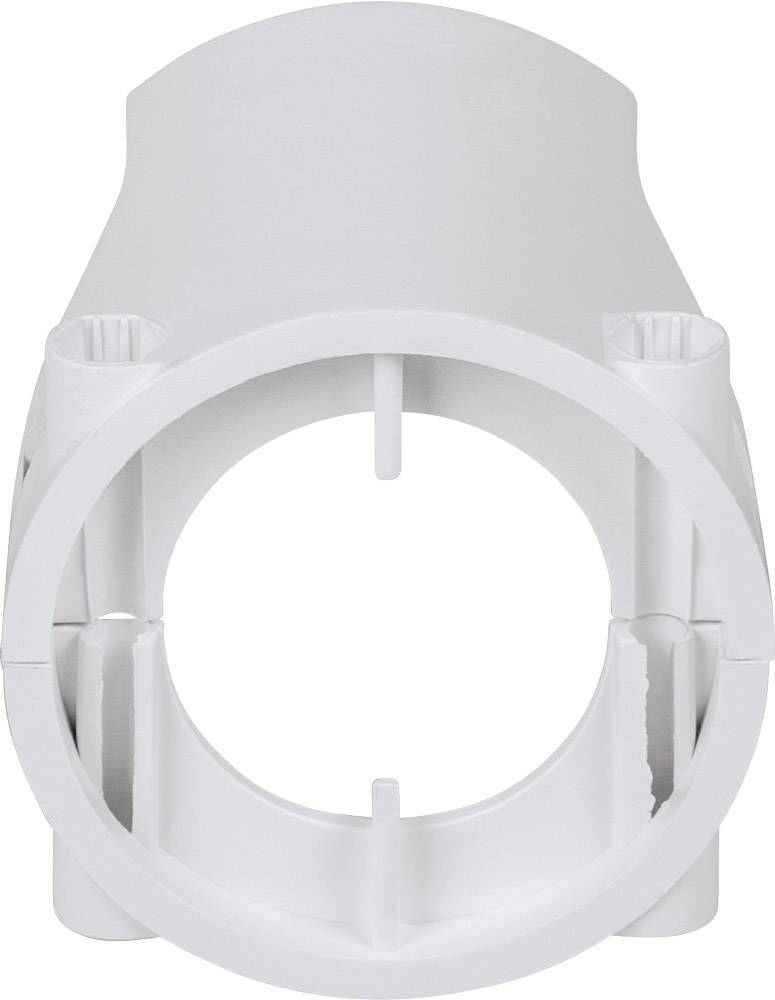 Weißes Kunststoffrohranschlussstück, zylindrisch, mit Rillen und Befestigungsöffnungen, dient zur Verbindung von Rohrleitungen.