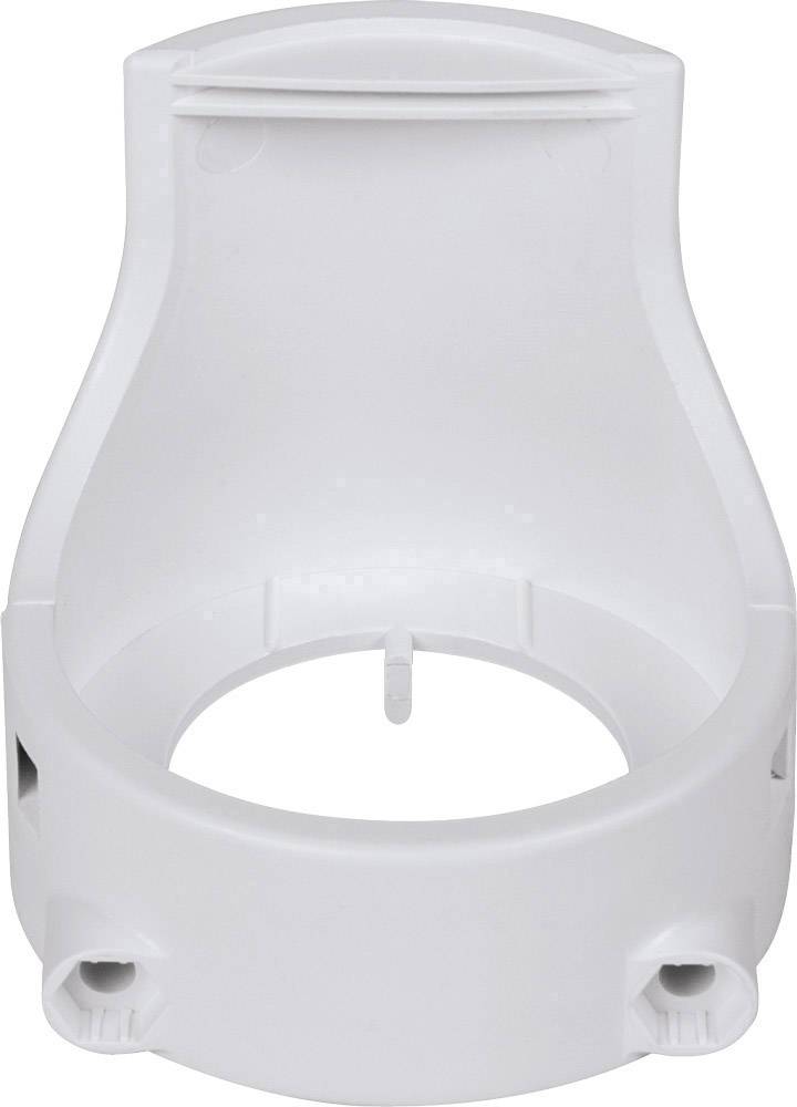 Eine weiße, zylindrische Wandhalterung mit Öffnungen für Schraubenbefestigung. Geeignet zur Befestigung eines Geräts an der Wand.