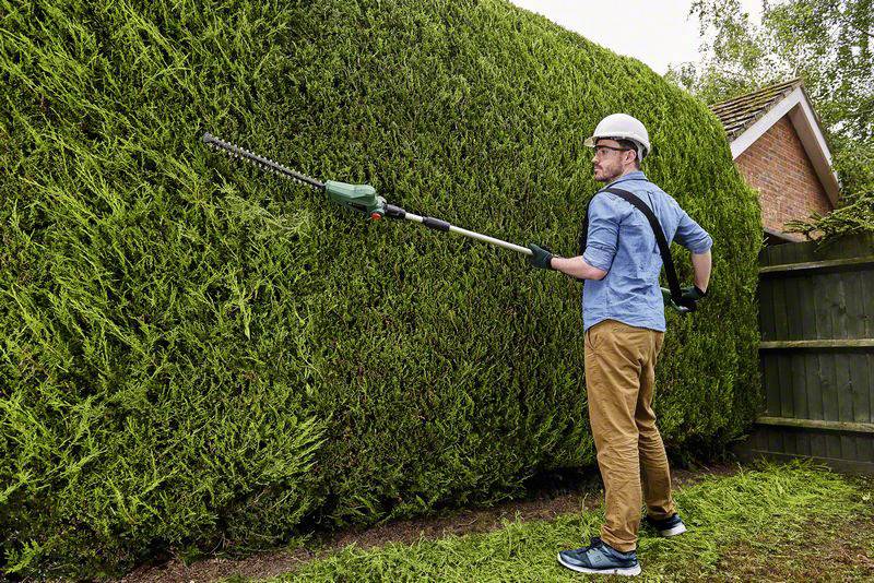 Ein Mann mit Schutzhelm und Handschuhen schneidet eine große Hecke mit einem elektrischen Heckenschneider in einem Garten.