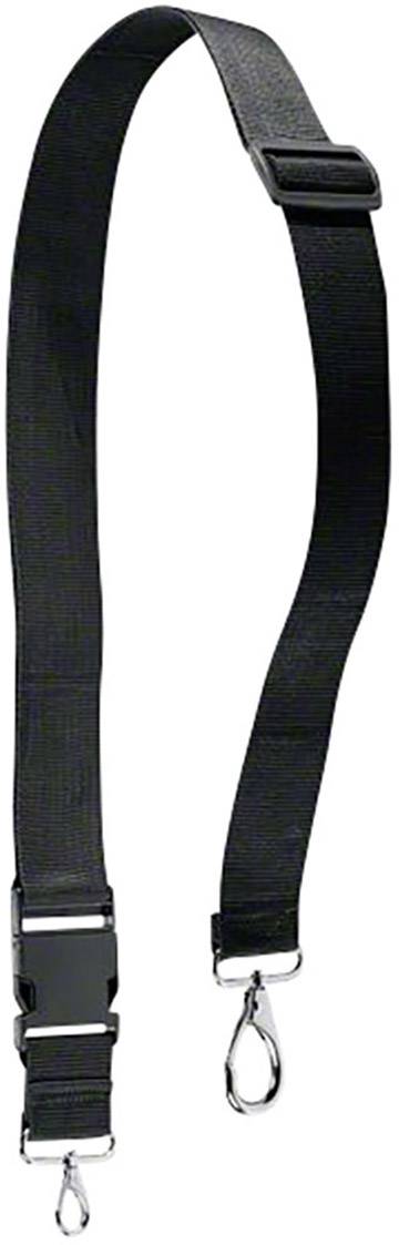 Schwarzer, verstellbarer Schultergurt mit zwei silbernen Karabinerhaken an den Enden. Ideal zur Befestigung an Taschen.