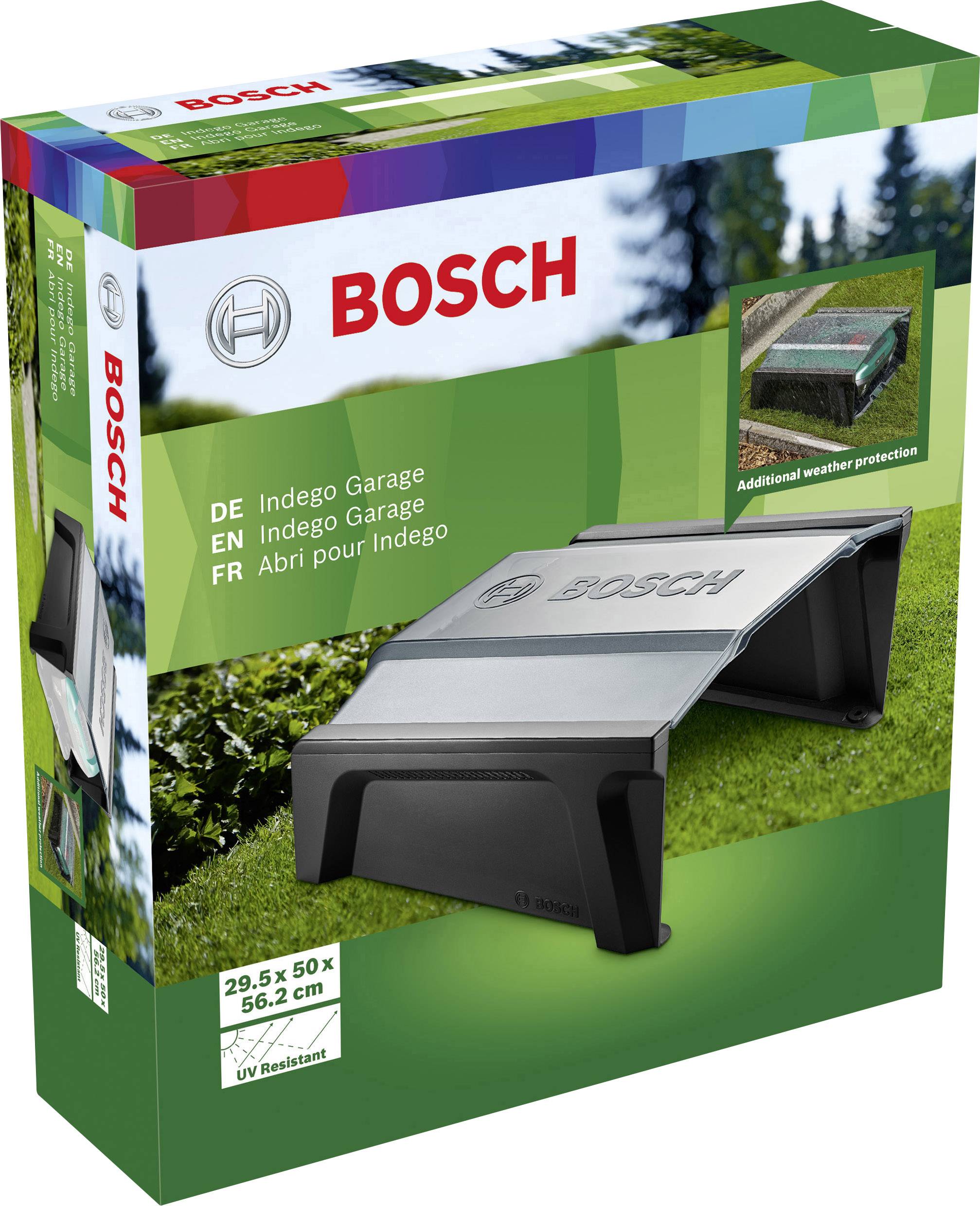 Verpackung einer Indego Garage von Bosch, geeignet für Rasenroboter. Schutz vor Wetter mit den Maßen 29,5 x 50 x 56,2 cm.