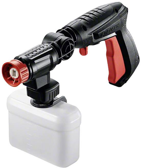 Eine schwarze und rote Sprühpistole mit einem weißen Behälter, verwendet für die Anwendung von Flüssigkeiten wie Reinigungsmitteln.