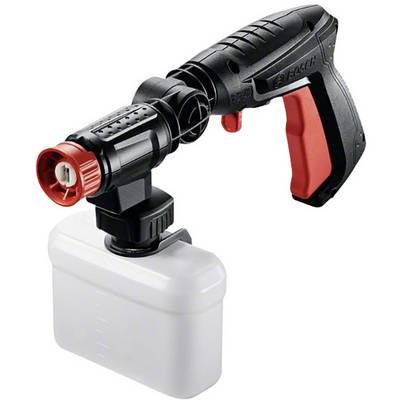 Eine schwarze und rote Sprühpistole mit einem weißen Behälter, verwendet für die Anwendung von Flüssigkeiten wie Reinigungsmitteln.