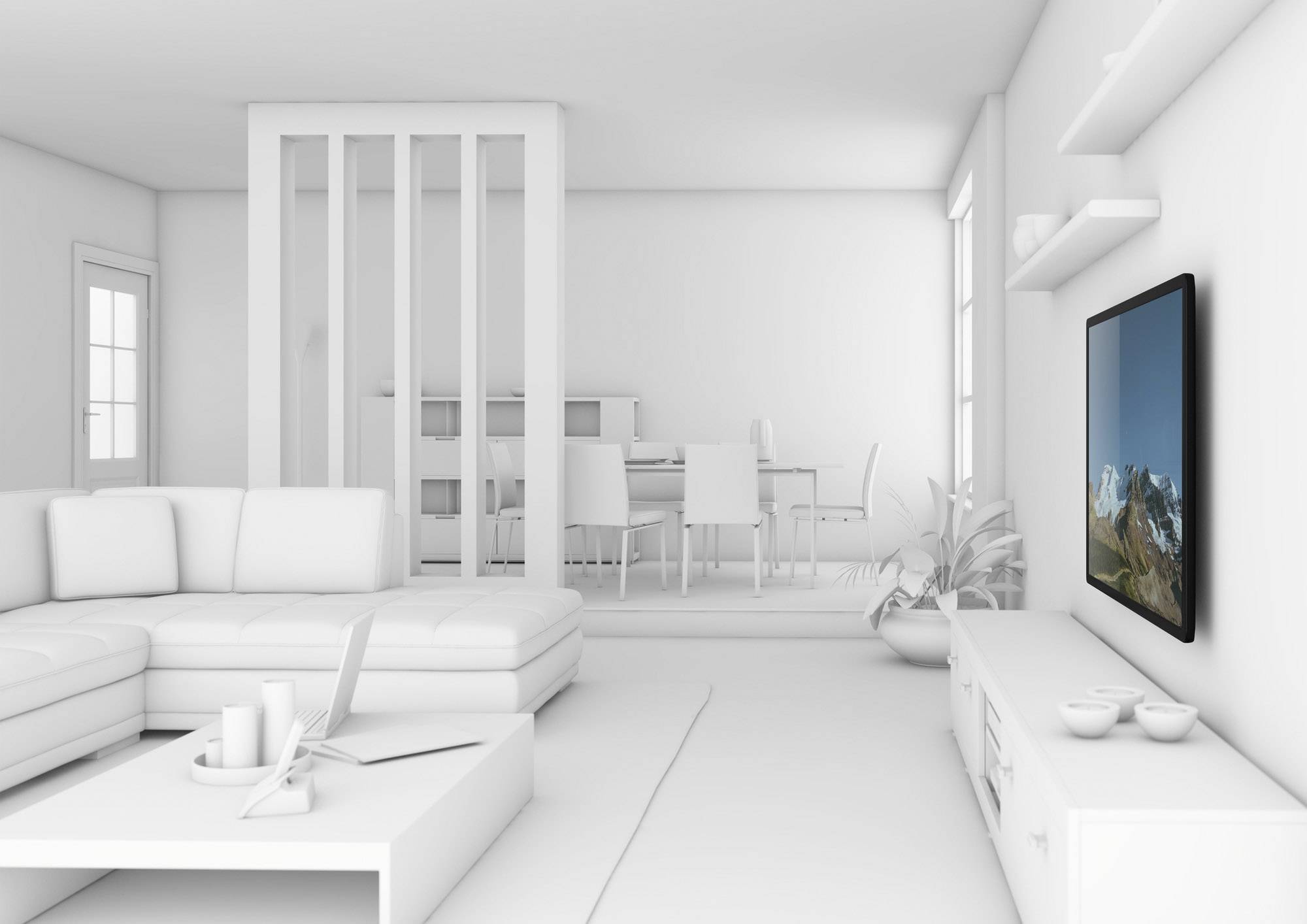 Helles, modernes Wohnzimmer mit weißer Einrichtung, Flachbildfernseher an der Wand und einem Blick in einen Essbereich im Hintergrund.