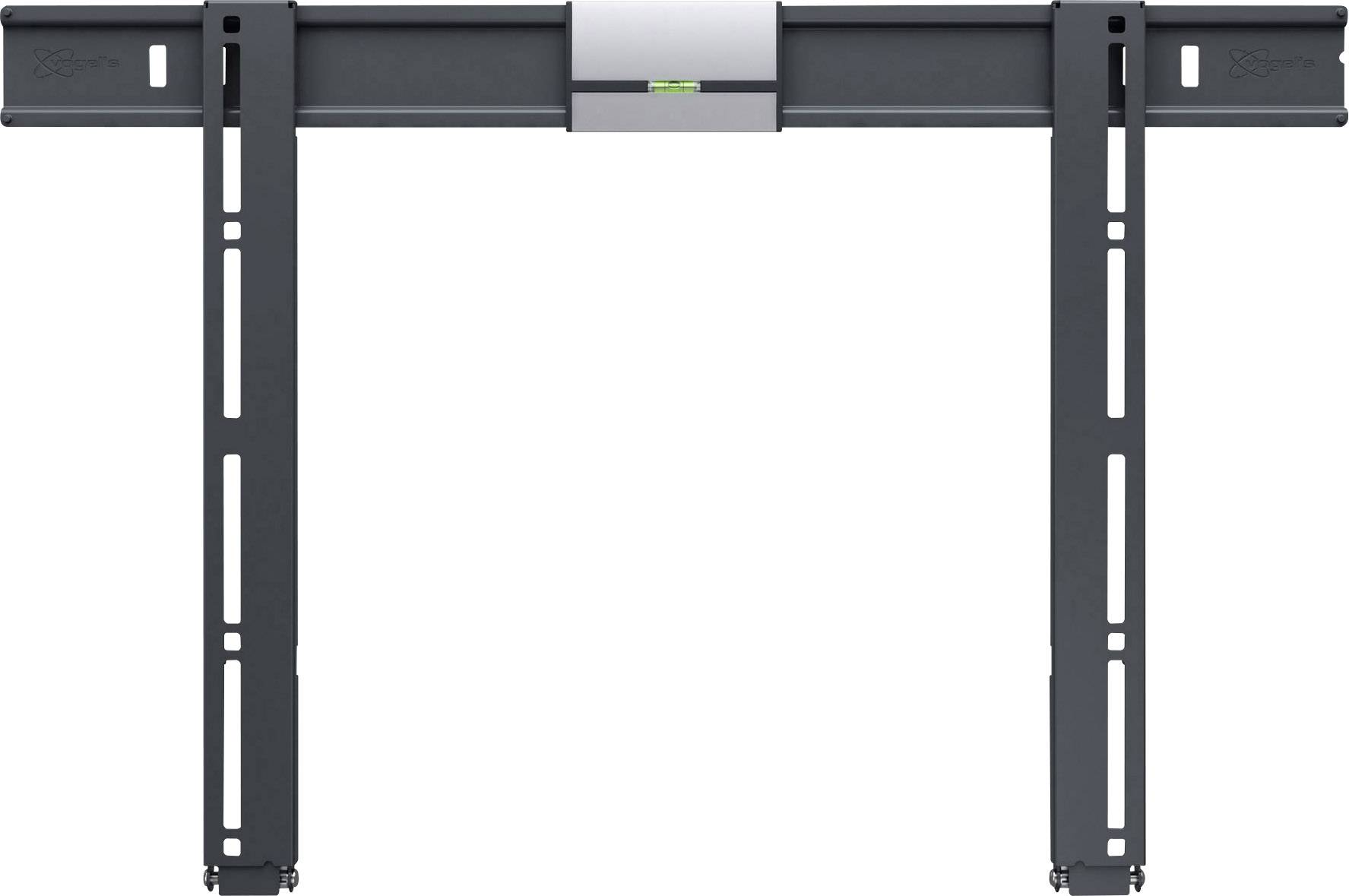 Wandhalterung für Flachbildfernseher, minimalistisch mit zwei vertikalen und einer horizontalen Schiene. Integrierte Wasserwaage.