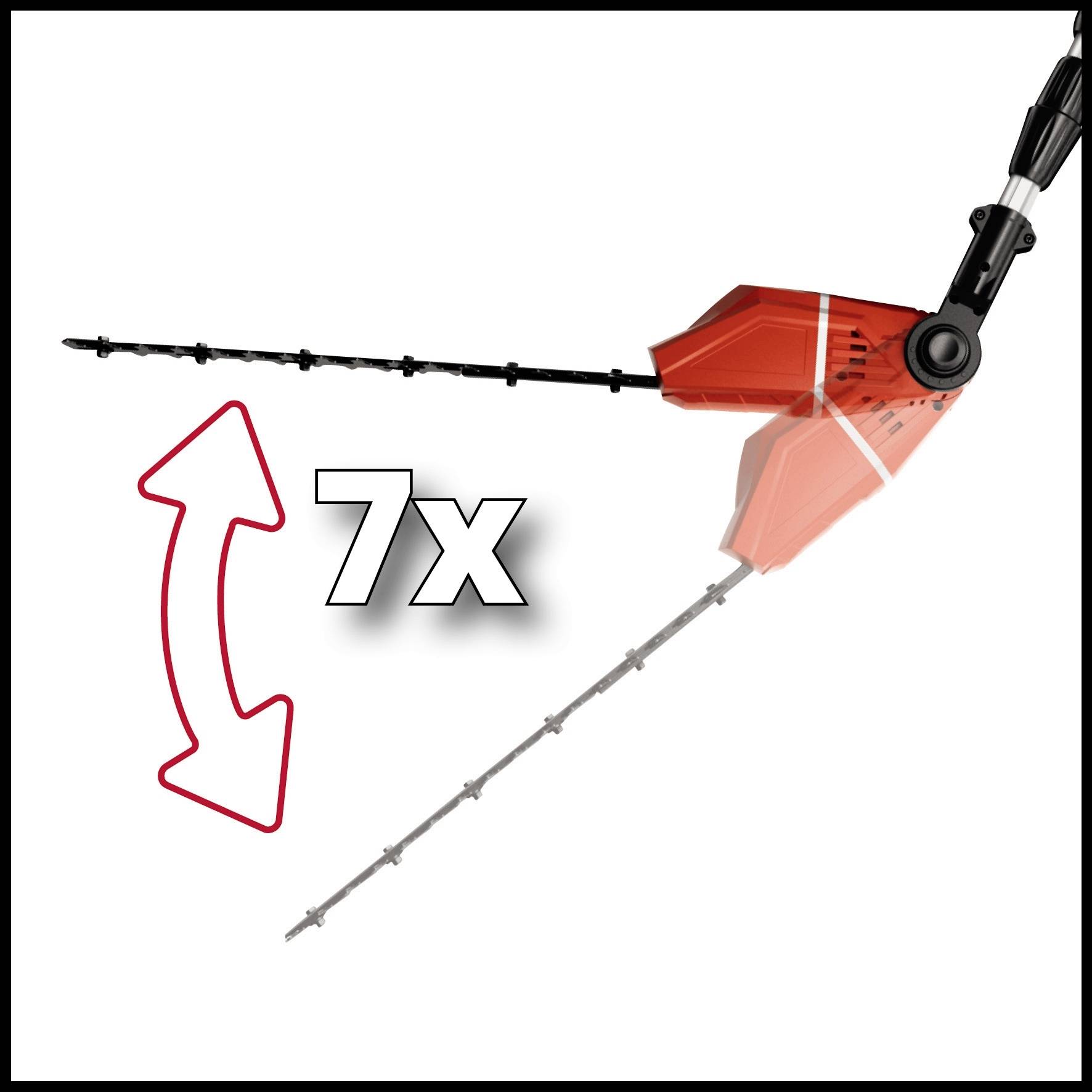 Heckenschere mit längenverstellbarer Klinge, rot, zeigt Verstellmechanismus mit '7x' Kennzeichnung, rote Pfeile deuten Bewegung an.